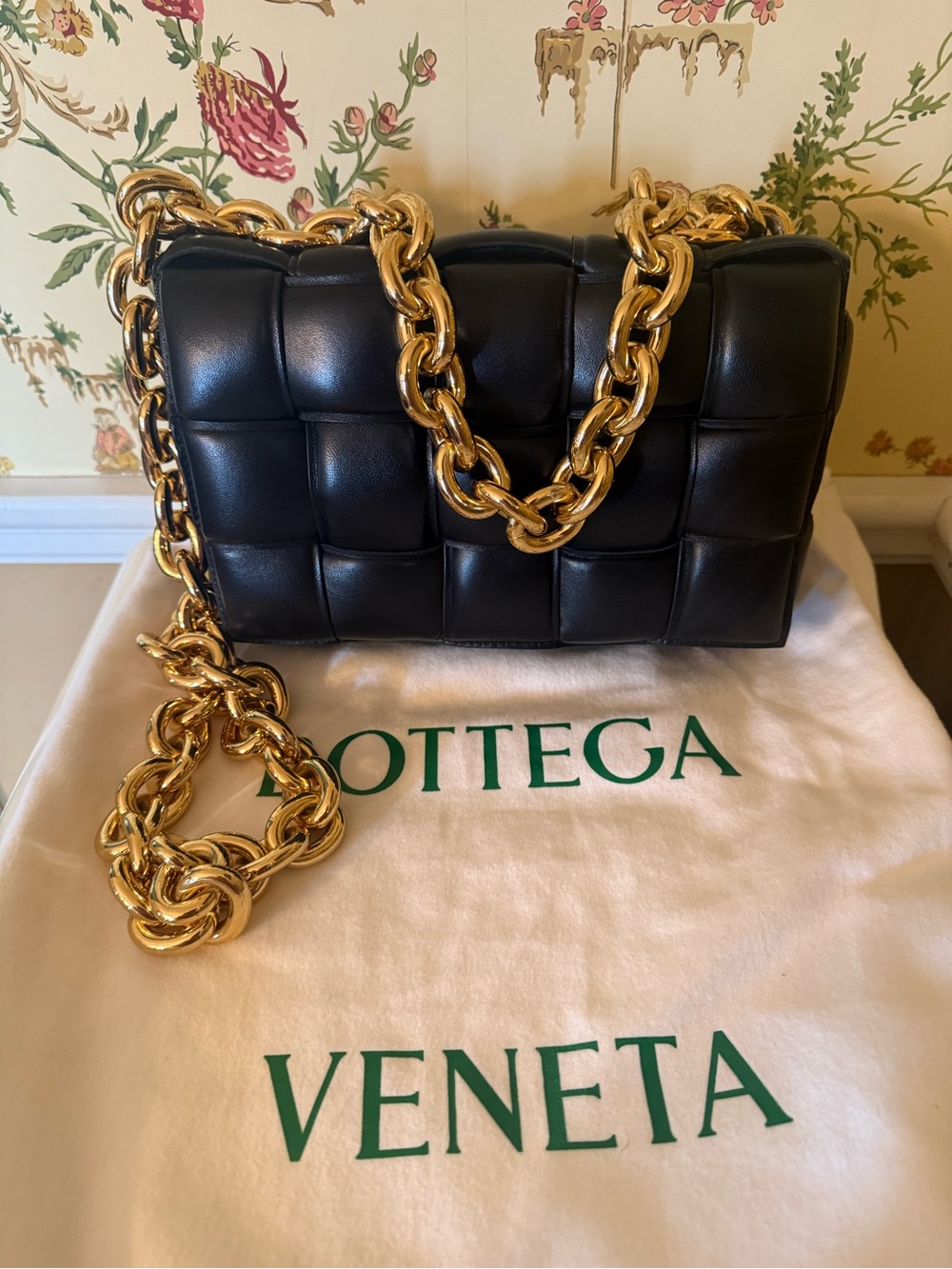 Bottega Veneta Padded Chain Cassette Bag – Black Leather with Gold-Tone Chain